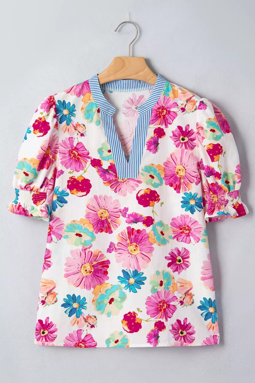 Floral Print Short Puff Sleeve Striped Trim V Neck Blouse, image 3