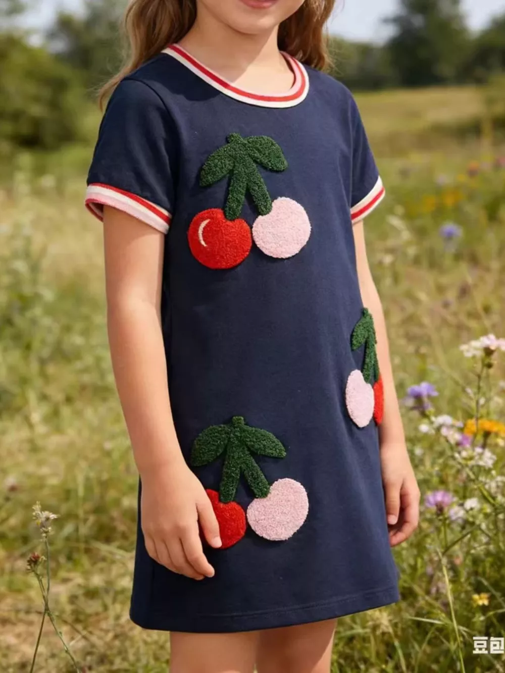 Children's Cherry Applique Short Sleeve Dress