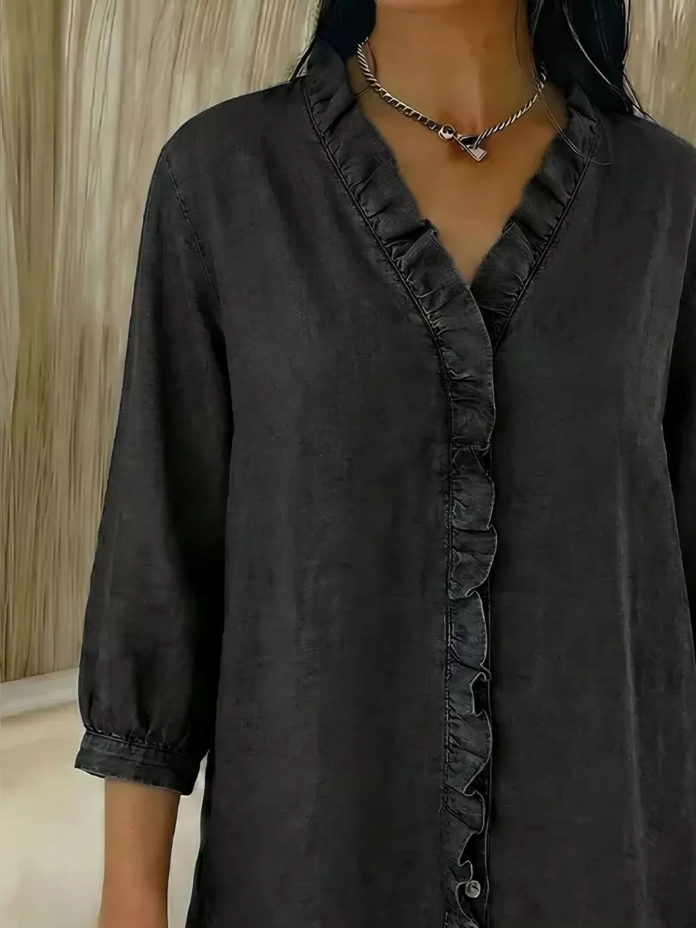 Full Size V-Neck Ruffled Button Down Shirt Plus Size, image 2