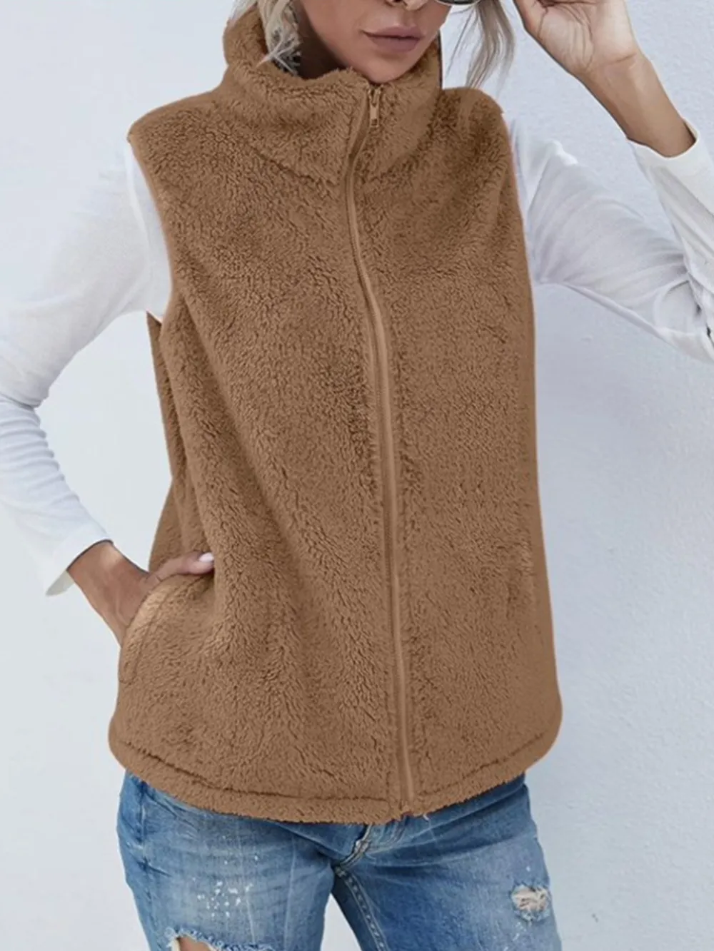 Full Size Fuzzy Zip Up Vest Coat with Pockets, image 2