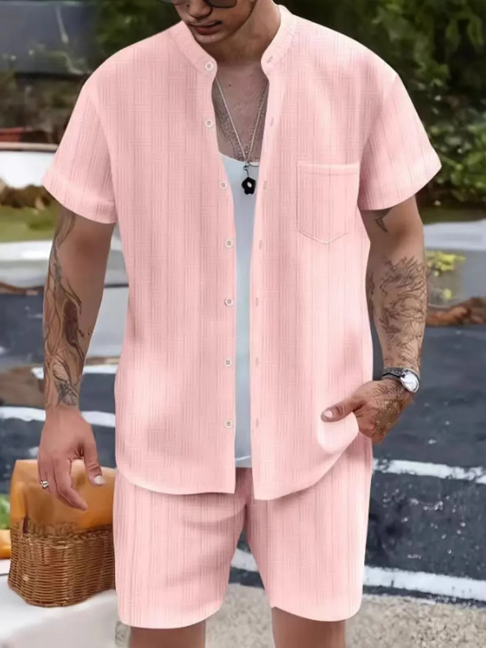 Men's Button Up Short Sleeve Shirt and Shorts Set, image 4
