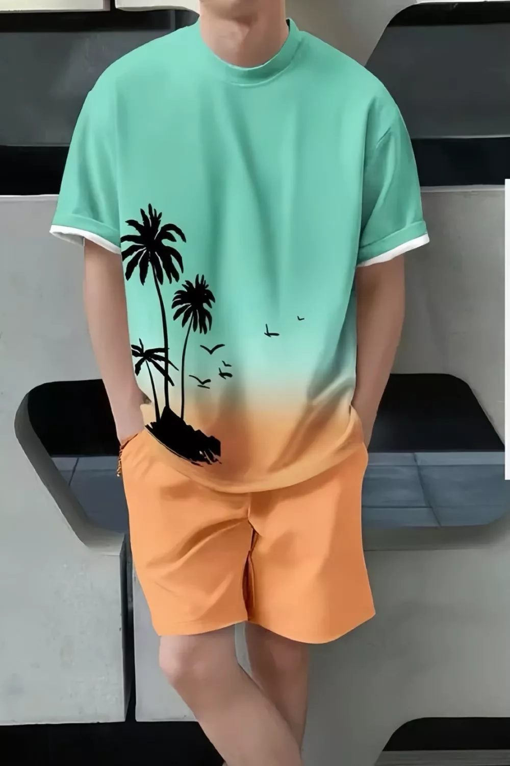 Men's Full Size Tropical Print Casual Tee and Shorts Set Plus Size, image 2