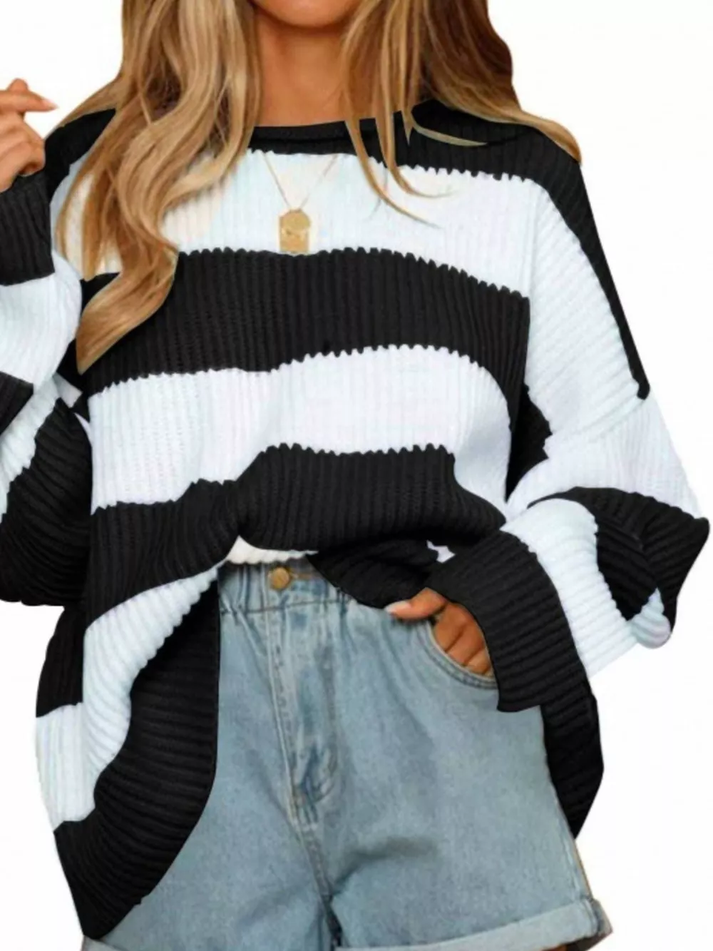 Contrast Striped Round Neck Sweater, image 2