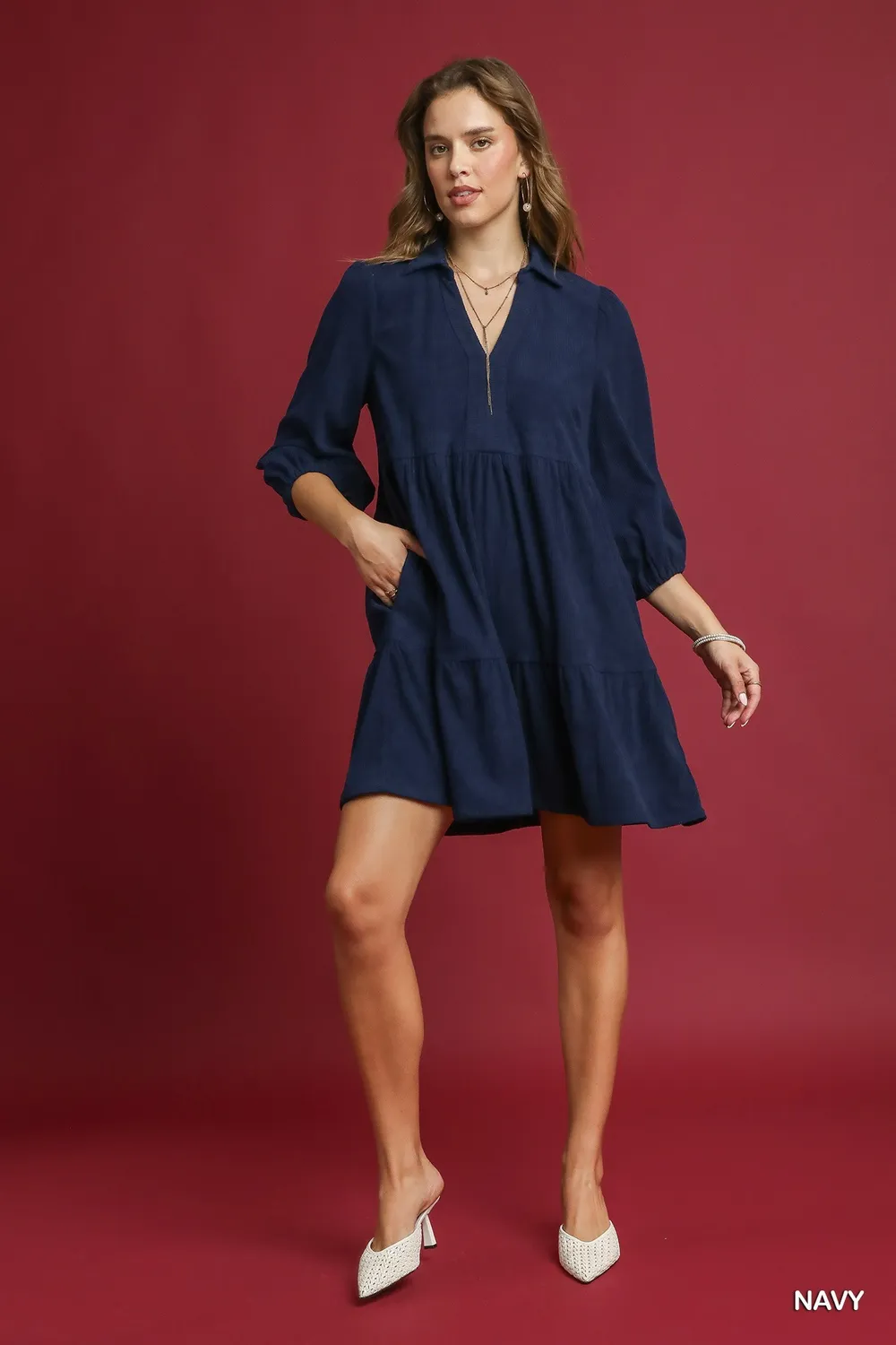 Tiered Corduroy Mini Dress with Balloon Sleeves, image 2