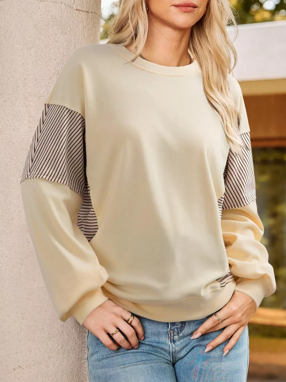 Color Block Striped Sleeve Casual Sweatshirt, image 14