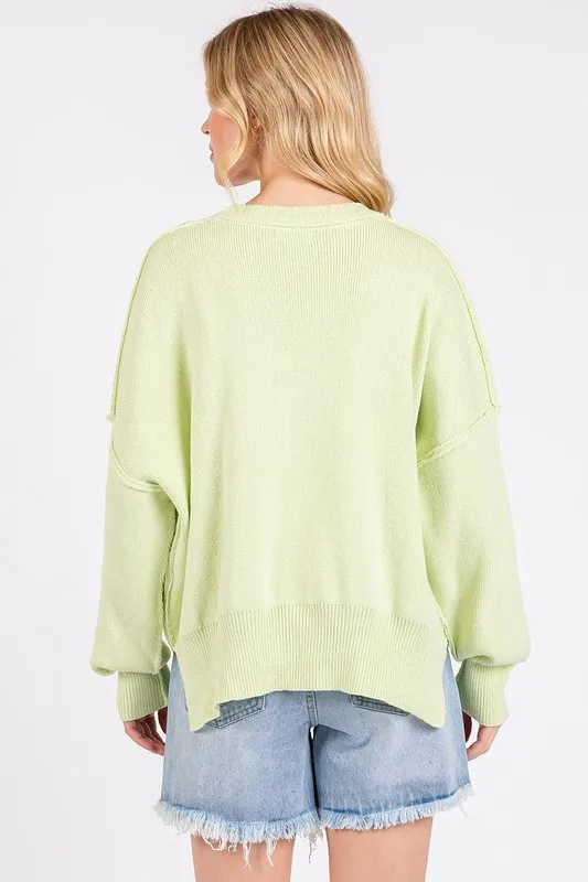 Side Slit Round Neck Drop Shoulder Sweater, image 4