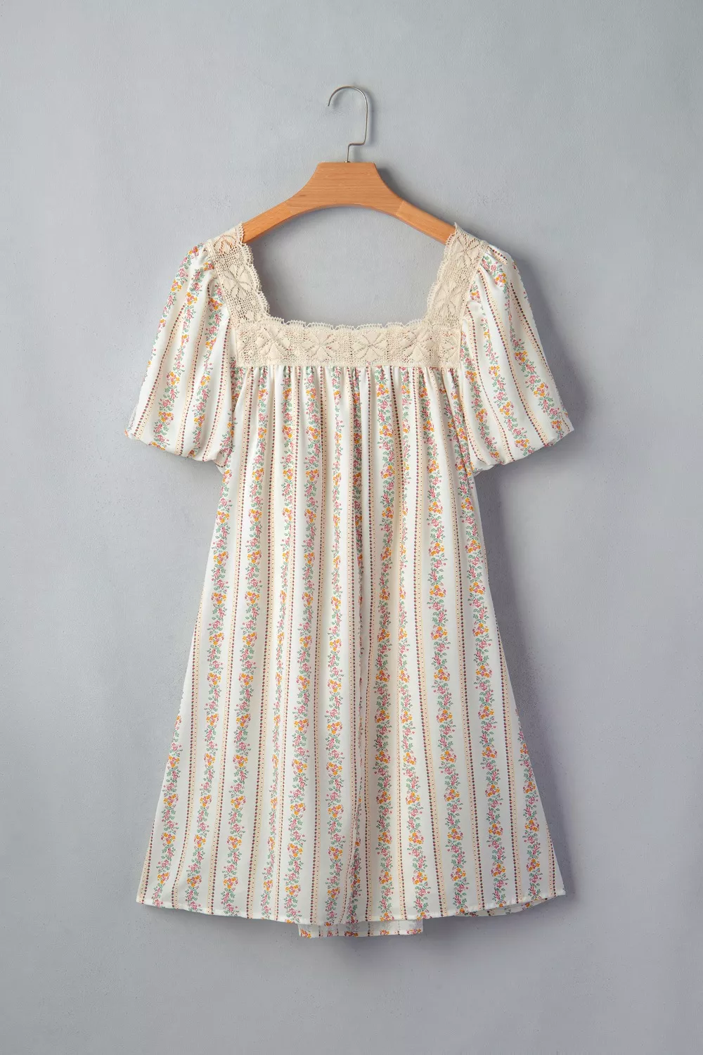 Multicolour Floral Print Contrast Ribbon Bow Lace Trim Square Neck Mini Dress, image 6