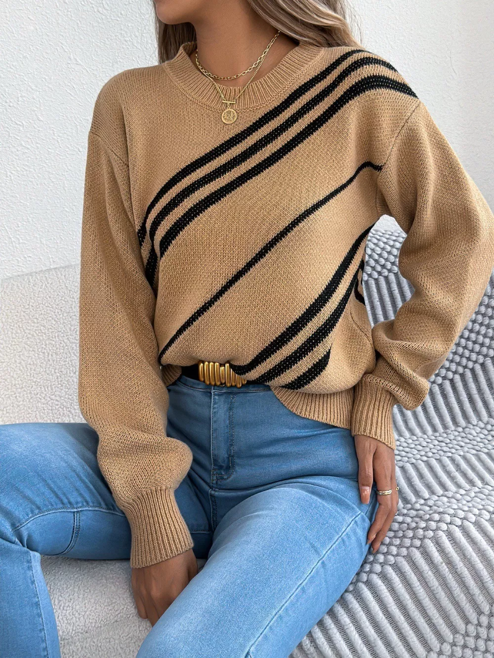 Striped Pattern Casual Round Neck Sweater, image 3