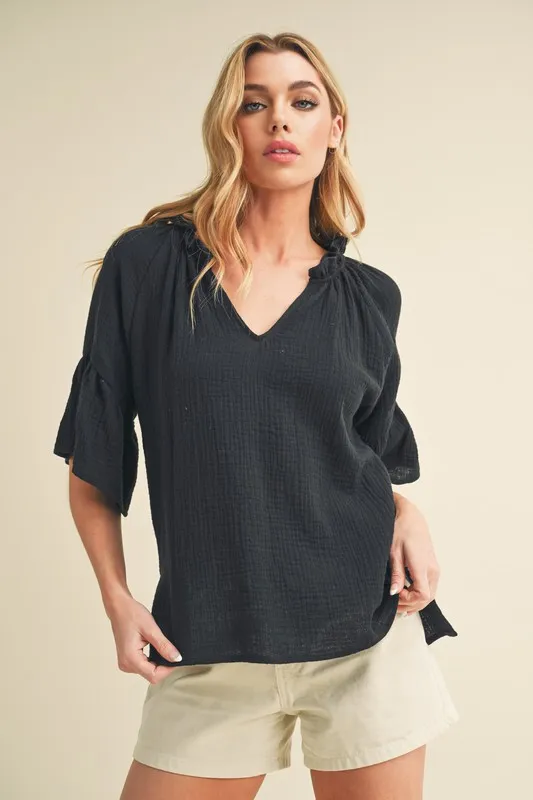 Side Slit Notched Ruffled Half Sleeve Blouse