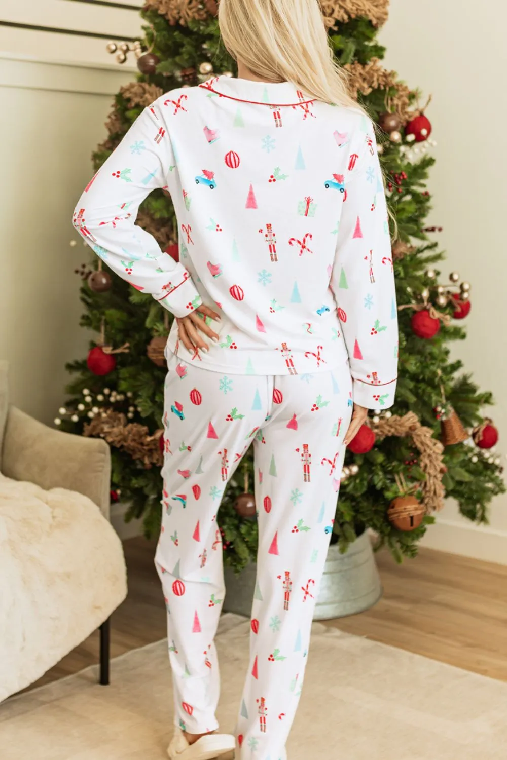 Christmas Printed Collared Neck Top and Pants Lounge Set, image 2