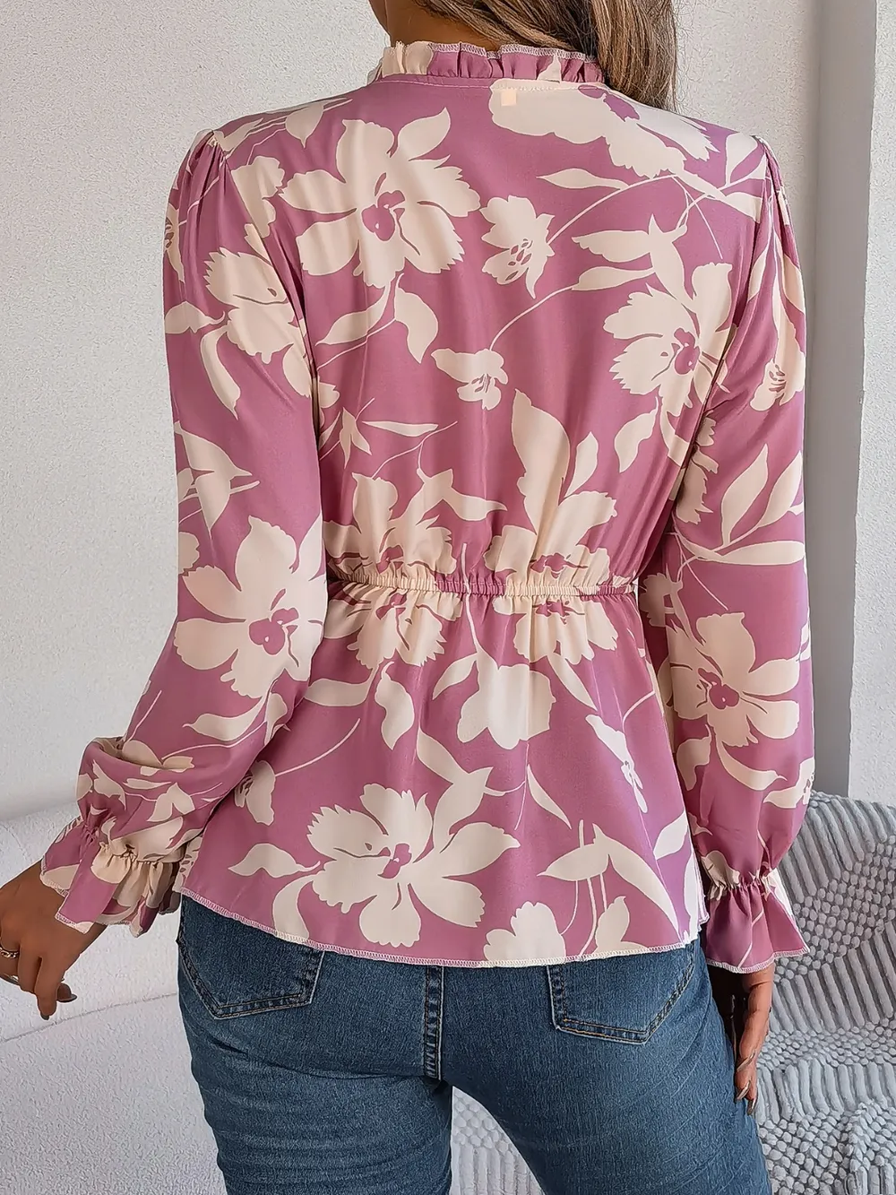Printed Tie Neck Flounce Sleeve Blouse, image 3