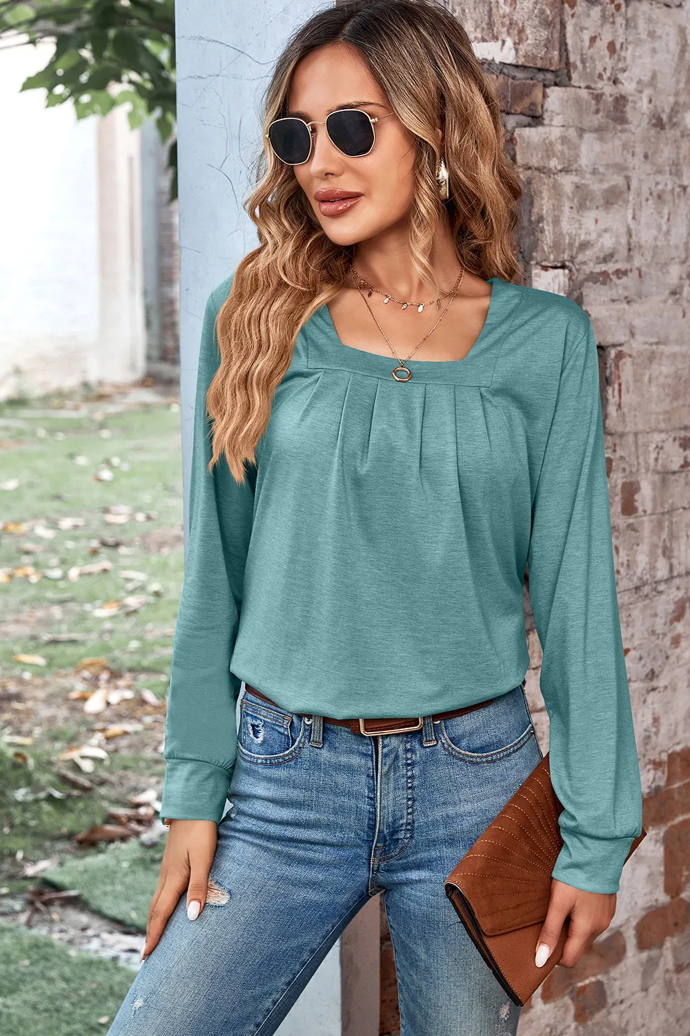 Ruched Square Neck Long Sleeve T-Shirt, image 11