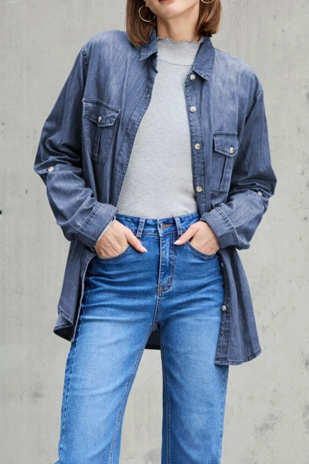 Pocketed Collared Neck Long Sleeve Denim Top, image 3