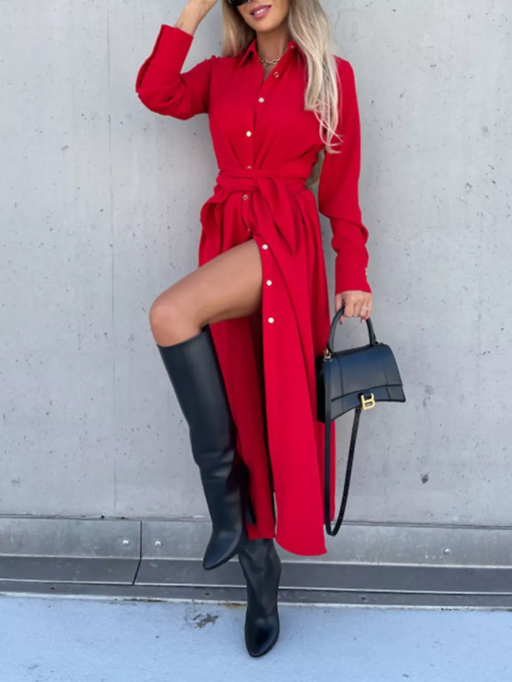 Full Size Tie Waist Long Sleeve Shirt Dress Plus Size, image 10