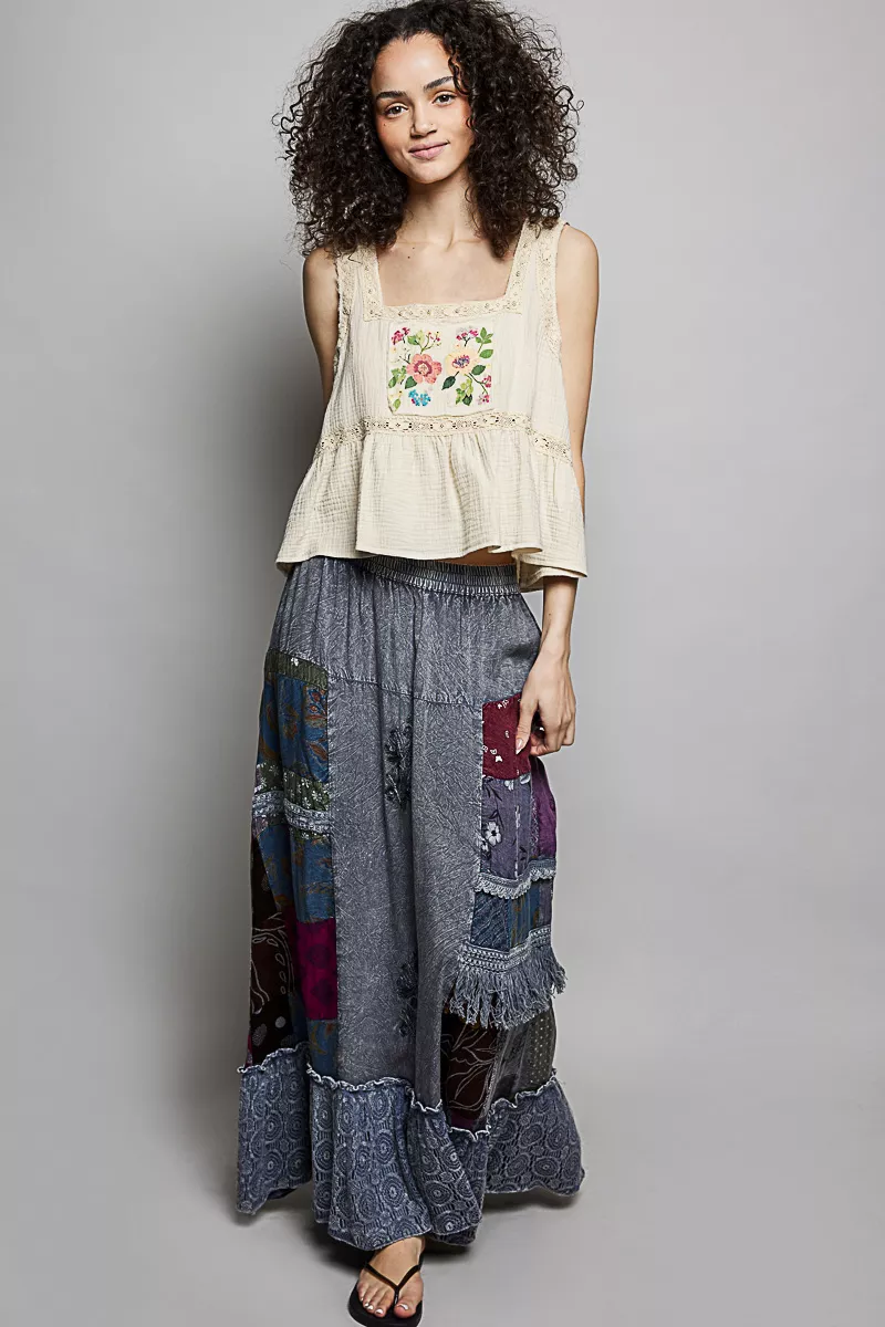 Printed Patchwork Embroidered Ruffled Skirt, image 4