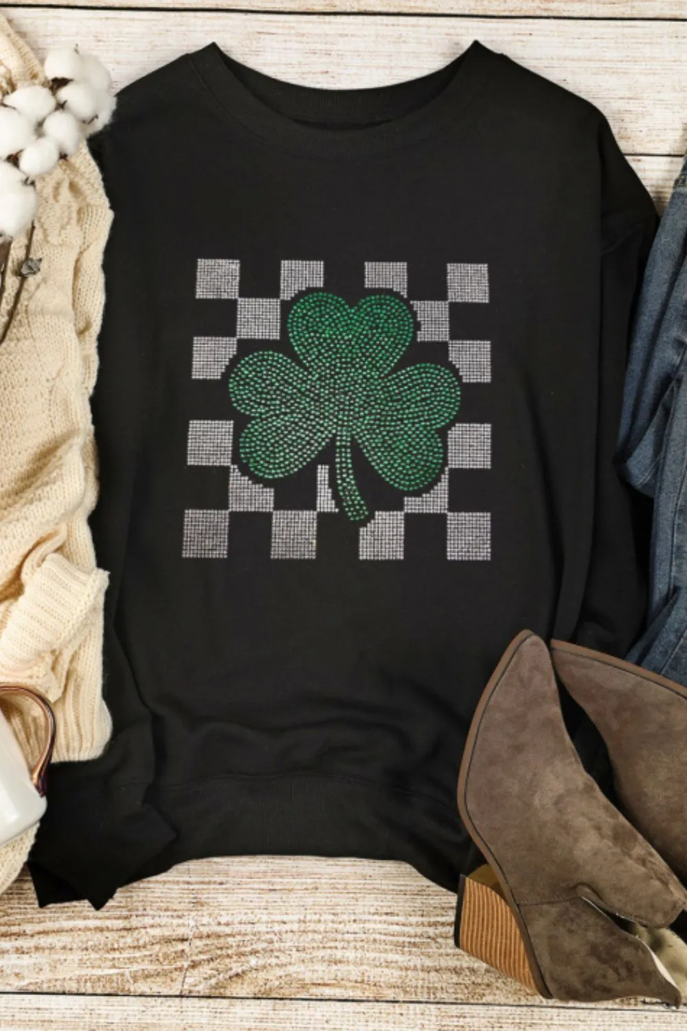 Rhinestone Checkered Lucky Clover Round Neck Sweatshirt, image 2