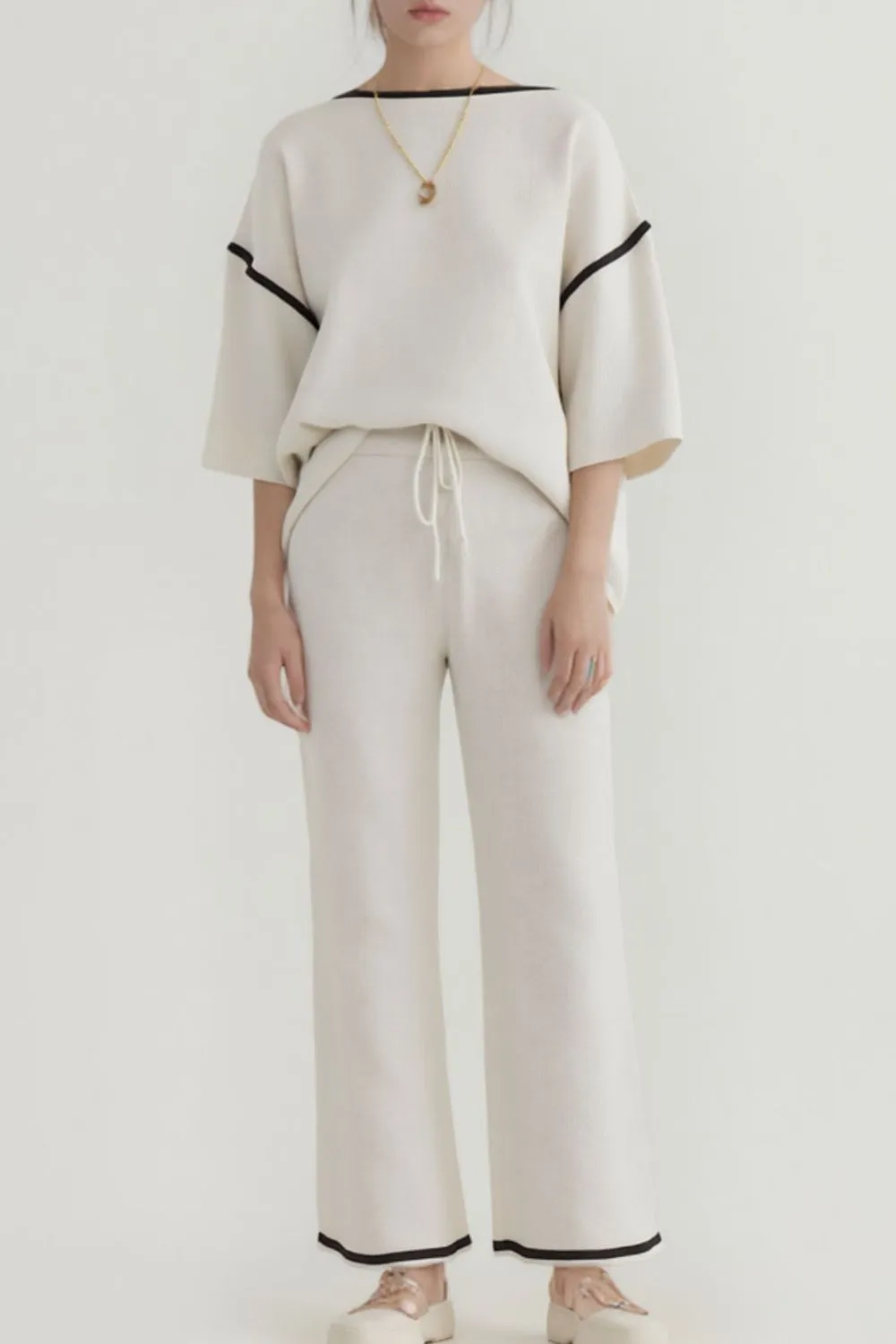 Contrast Trim Round Neck Top and Pants Set, image 5