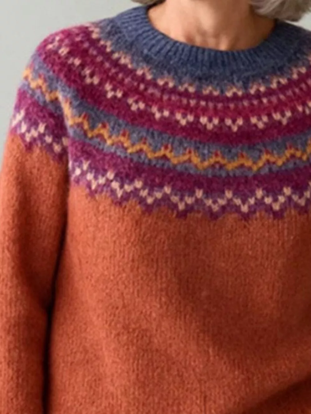 Full Size Vintage Patterned Round Neck Sweater Plus Size, image 23