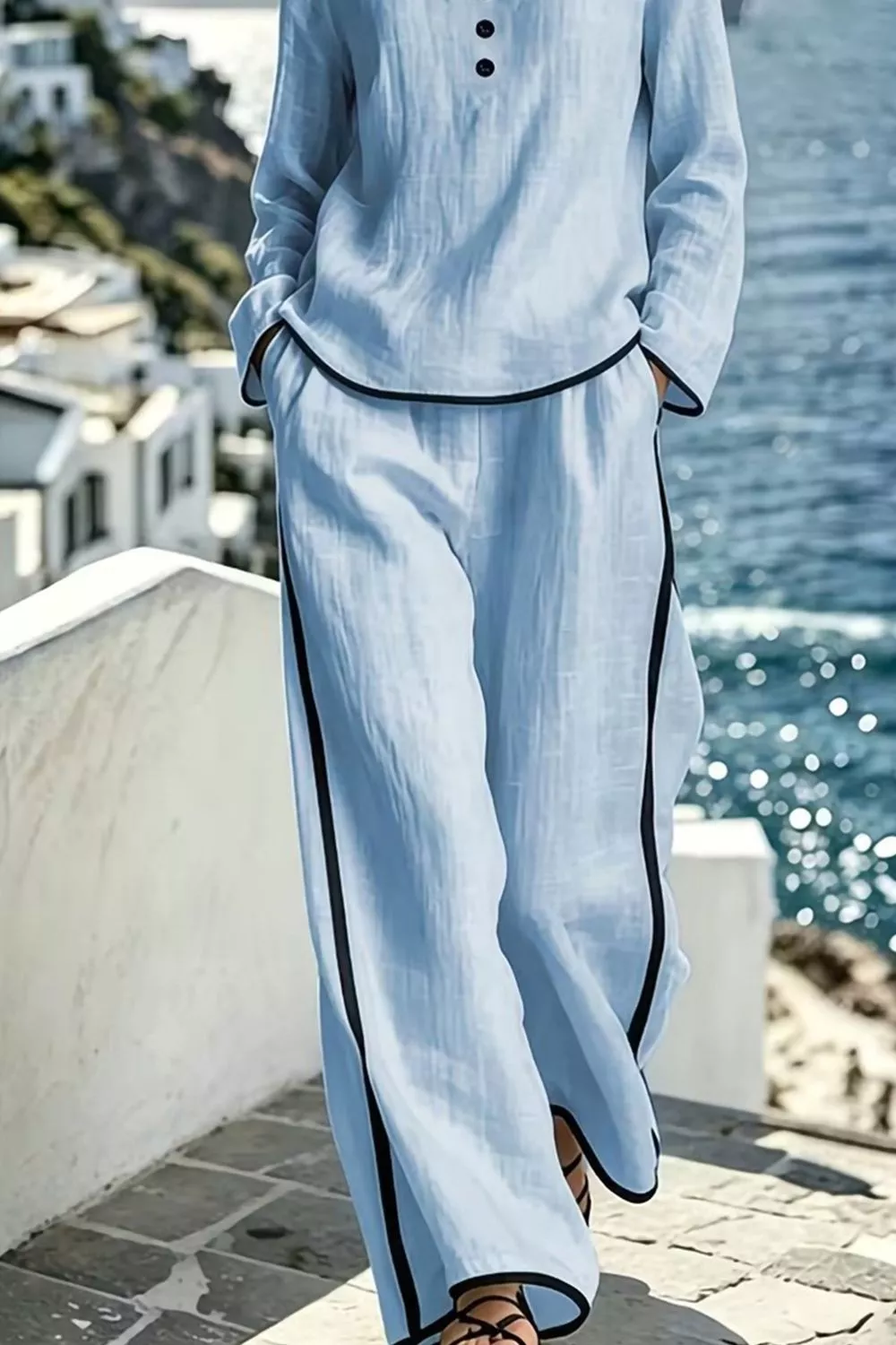 Contrast Trim Long Sleeve Top and Pants Set, image 6