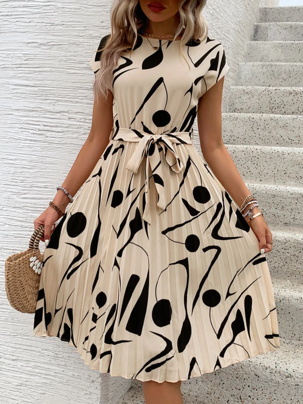 Tied Pleated Printed Cap Sleeve Dress, image 5