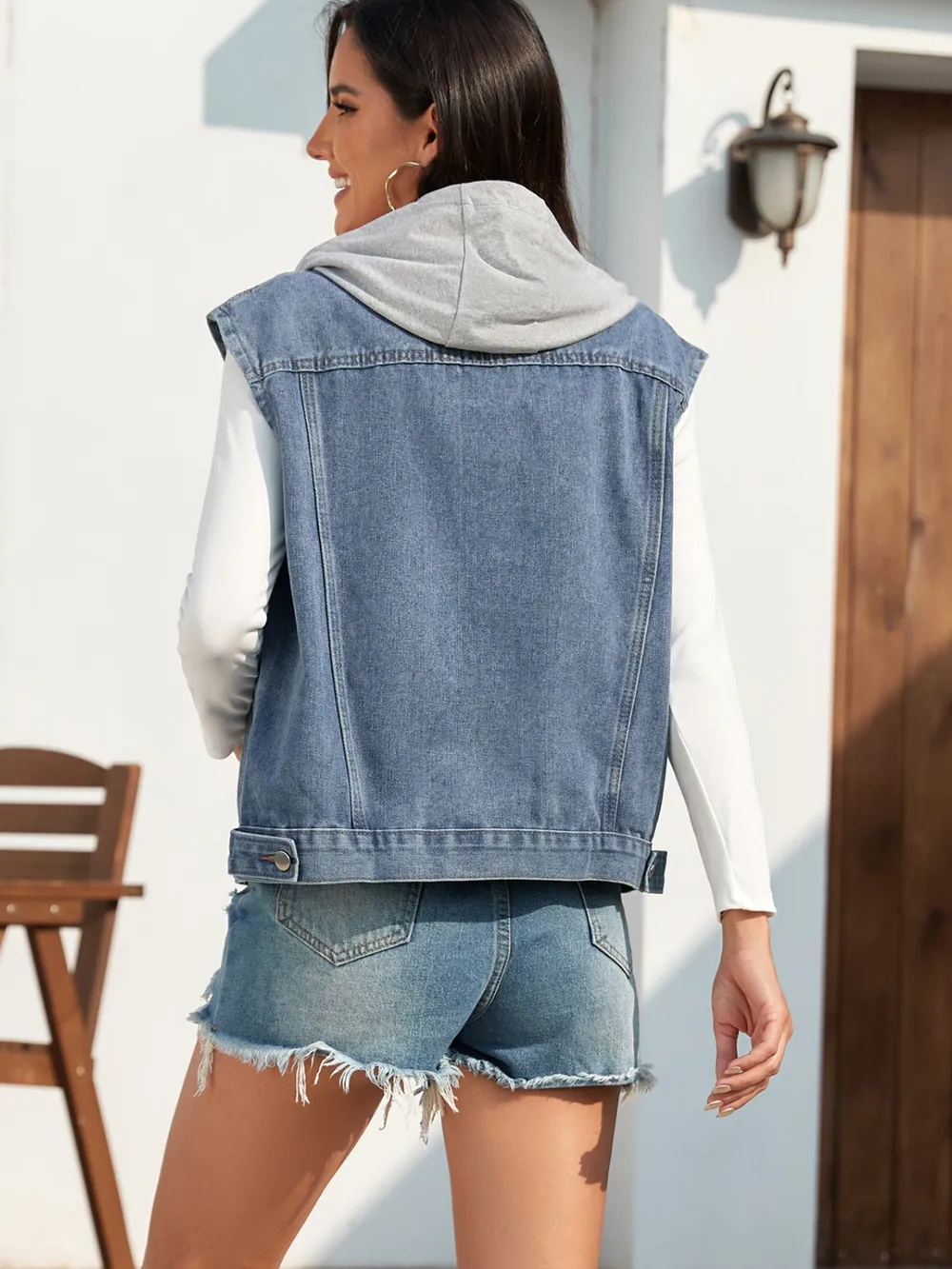 Pocketed Button Up Hooded Denim Jacket, image 2