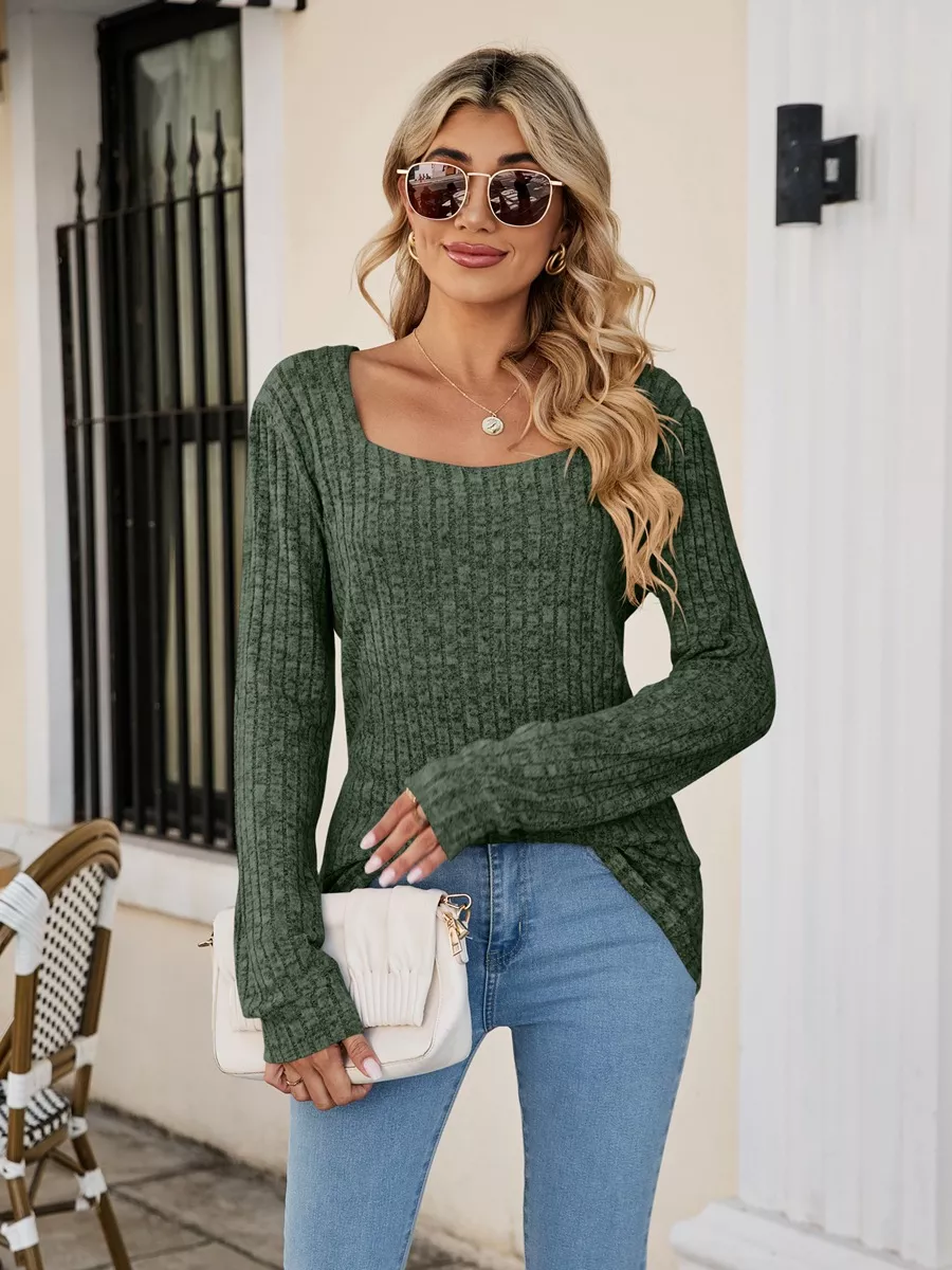 Ribbed Square Neck Long Sleeve T-Shirt, image 22