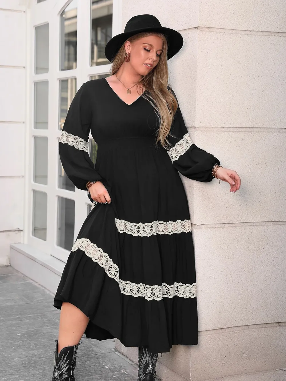 Plus Size Lace Detail V-Neck Long Sleeve Midi Dress, image 6