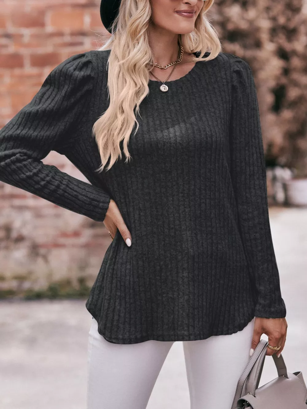 Ribbed Knit Puff Sleeve T-Shirt, image 10