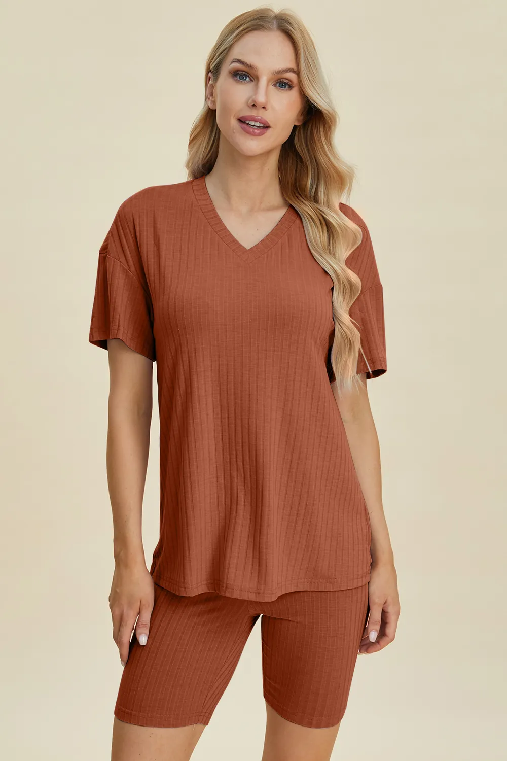 Full Size Ribbed V-Neck Short Sleeve Top and Shorts Set, image 3