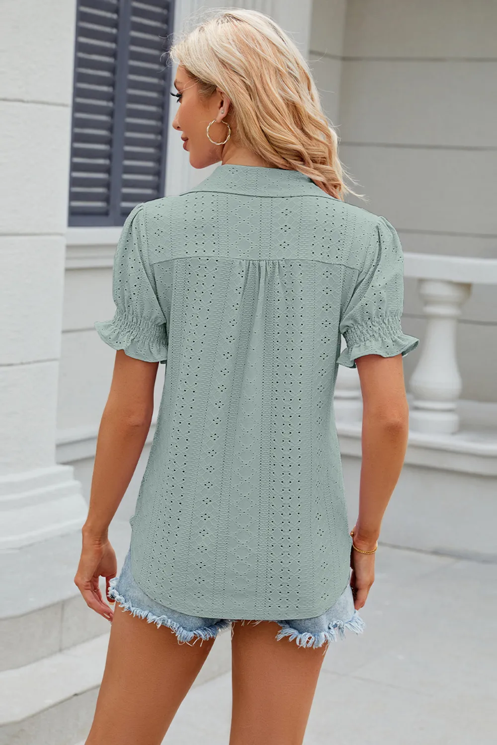 Eyelet Johnny Collar Short Sleeve Blouse, image 13