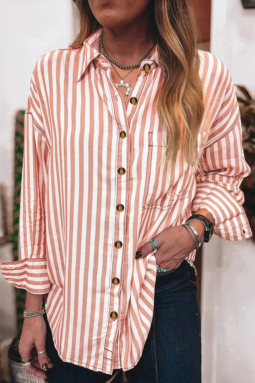 Stripe Western Button Down Long Sleeve Casual Shirt, image 4