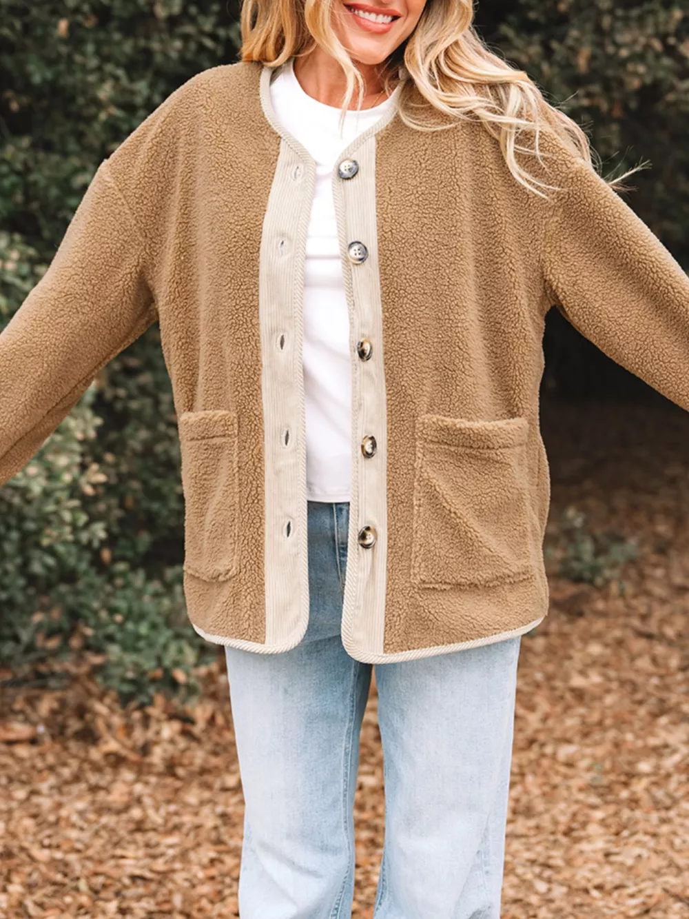 Puffy Plush Corduroy Edge Patchwork Jacket with Pockets, image 3