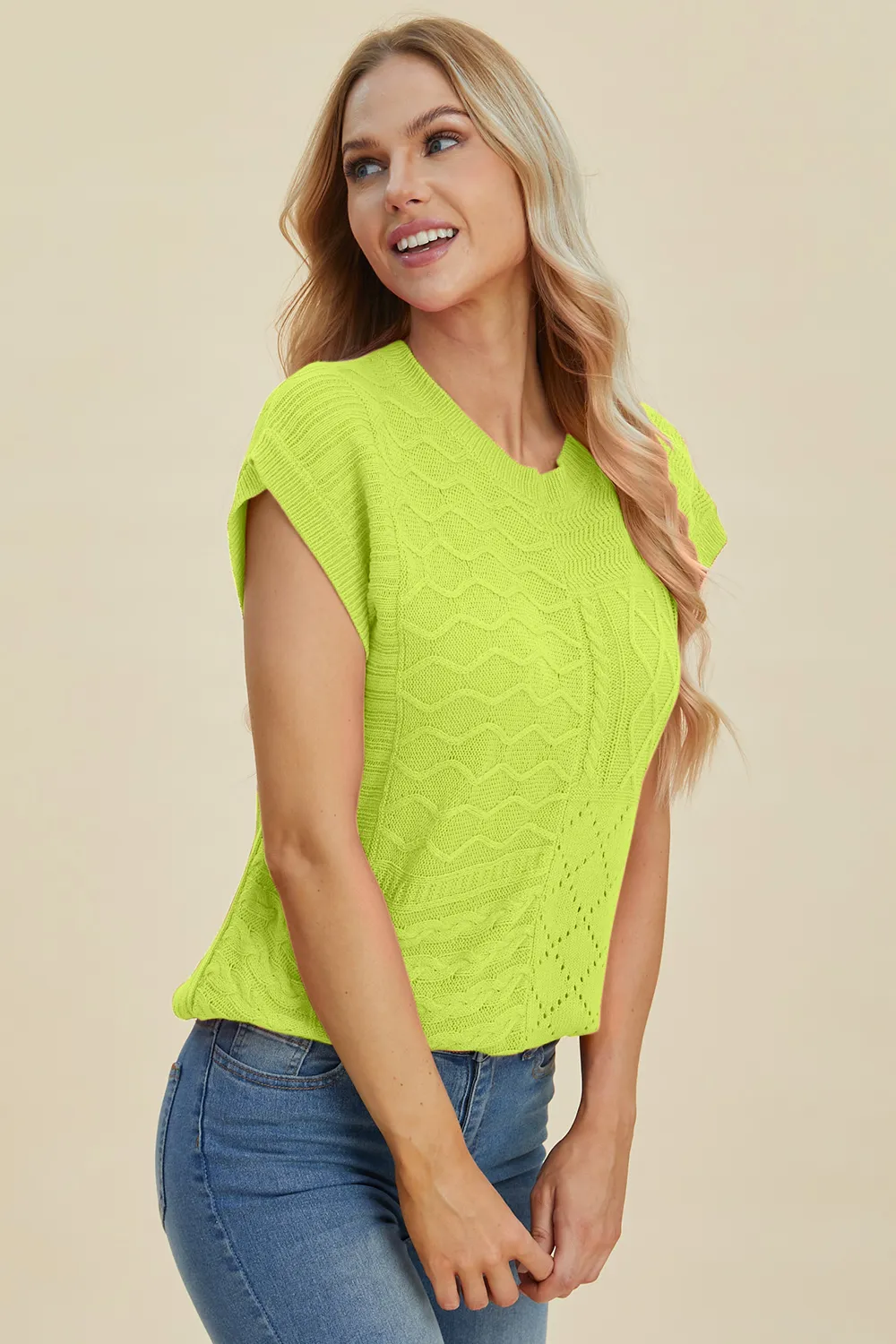 Full Size Cable-Knit Round Neck Cap Sleeve Sweater, image 5