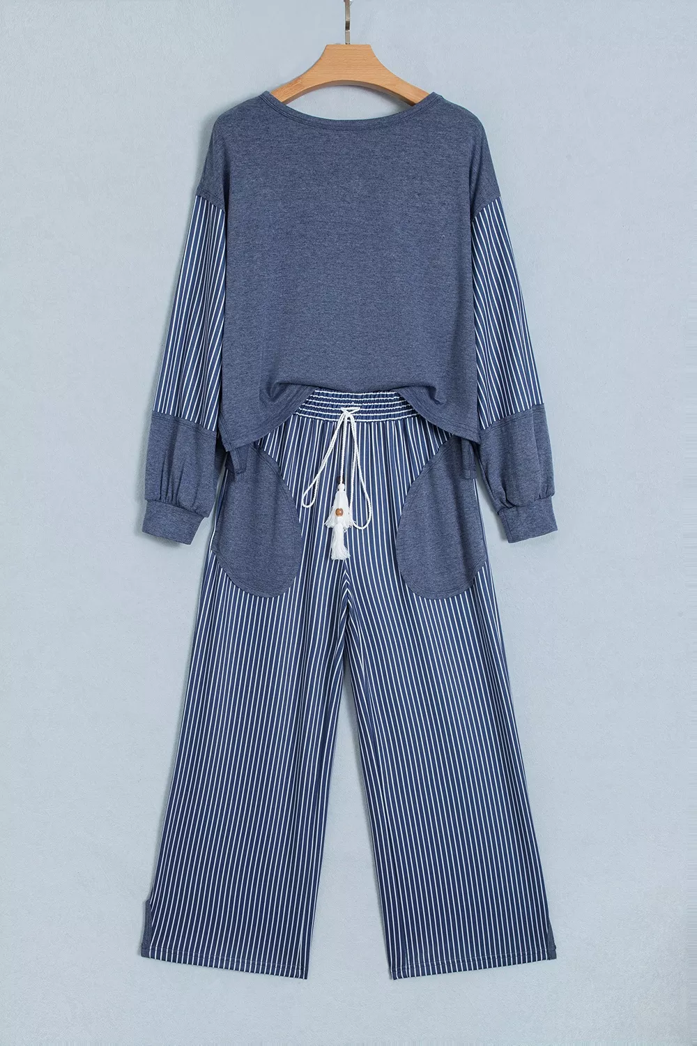 Raw Seam Patchwork Long Sleeve Top Pocket Casual Pants 2pcs Set, image 7