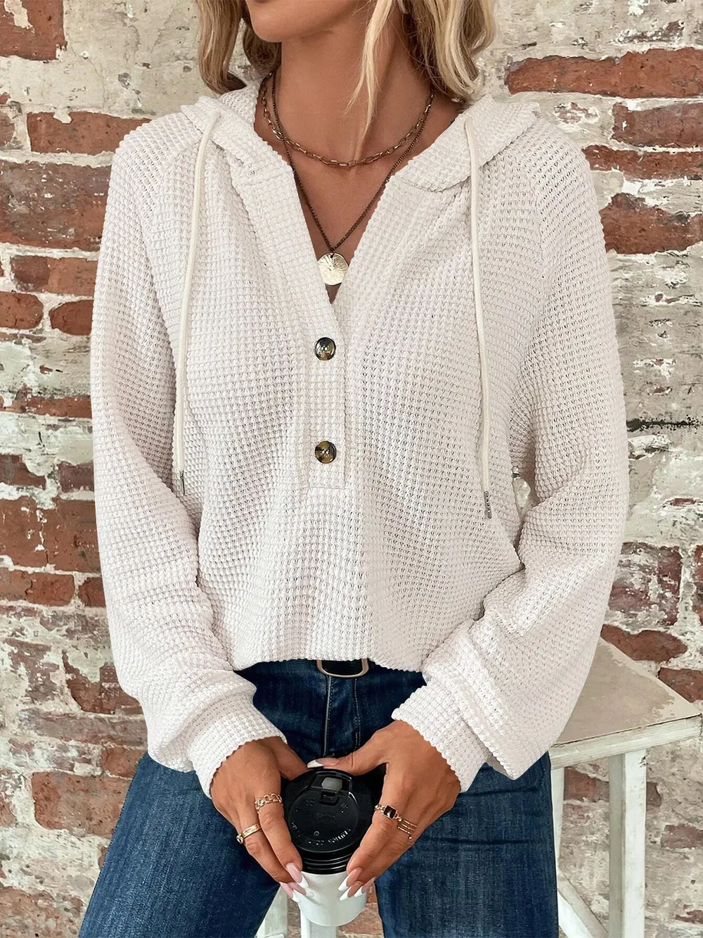 Waffle Knit Long Sleeve Drawstring Hooded Top, image 2