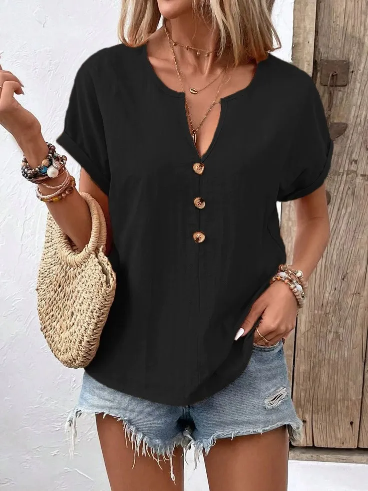 Full Size Notched Short Sleeve Top Plus Size, image 4