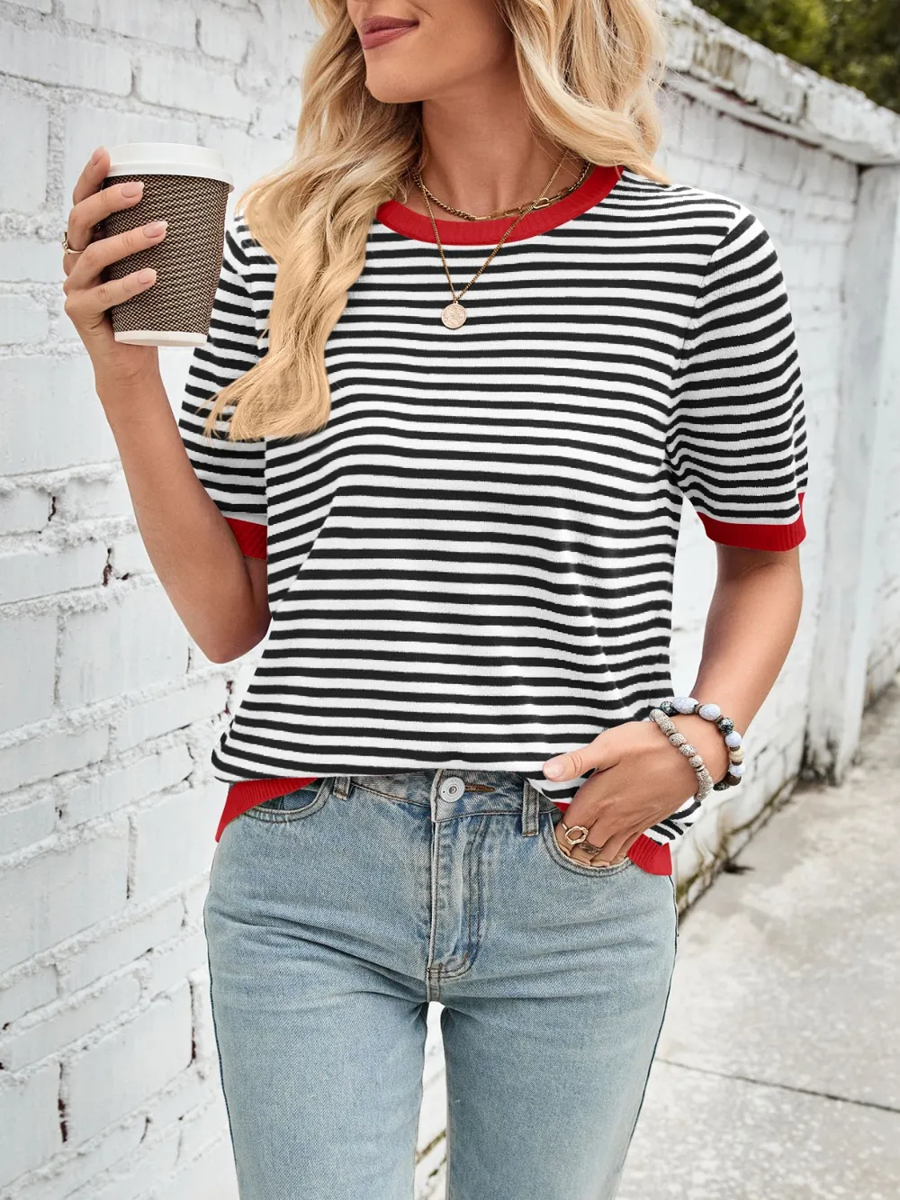 Striped Contrast Round Neck Half Sleeve Knit Top, image 23