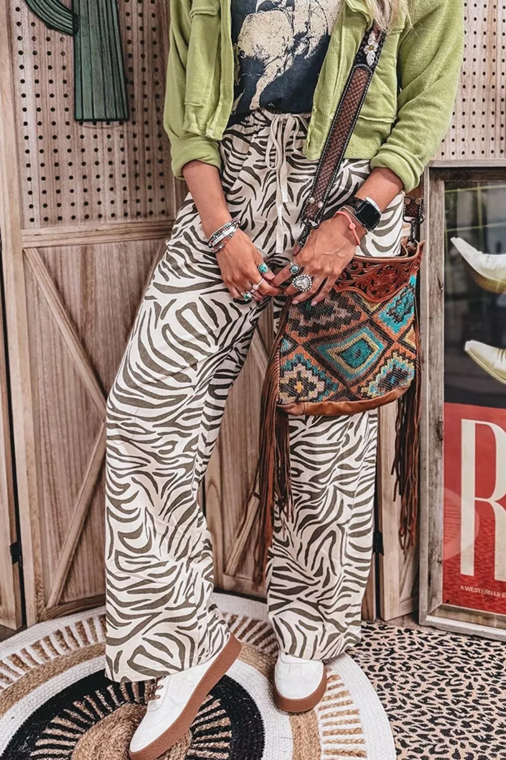 Multicolour Western Print Zebra Pattern Elastic Waist Pocket Pants, image 7