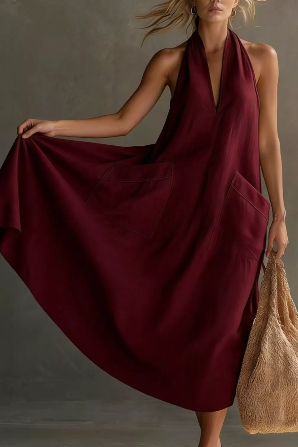 Casual Halter Neck Pocket Midi Dress, image 21