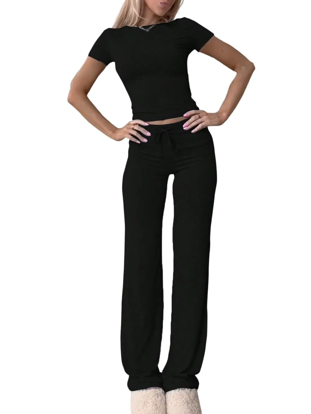 Round Neck Short Sleeve Top and Pants Set, image 3
