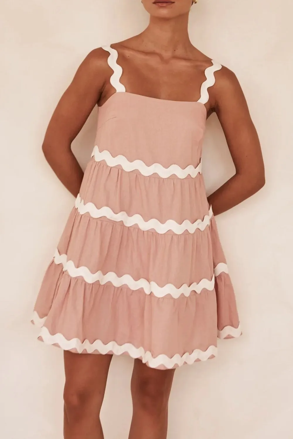Contrast Trim Square Neck Tiered Dress, image 3