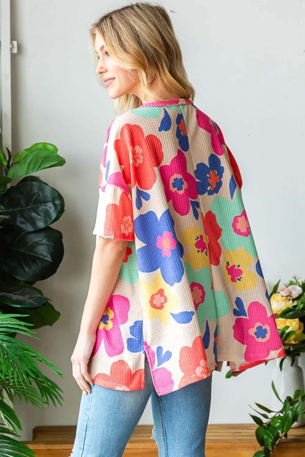 Full Size Floral V-Neck Side Slit T-Shirt, image 2