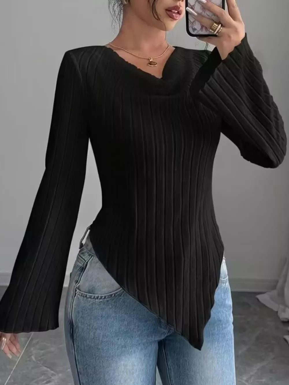 Cowl Neck Ribbed Knit Top