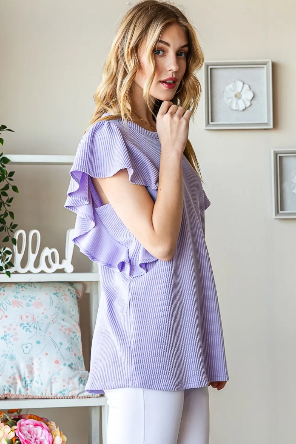 Full Size Ruffled Sleeve Ribbed Top, image 2