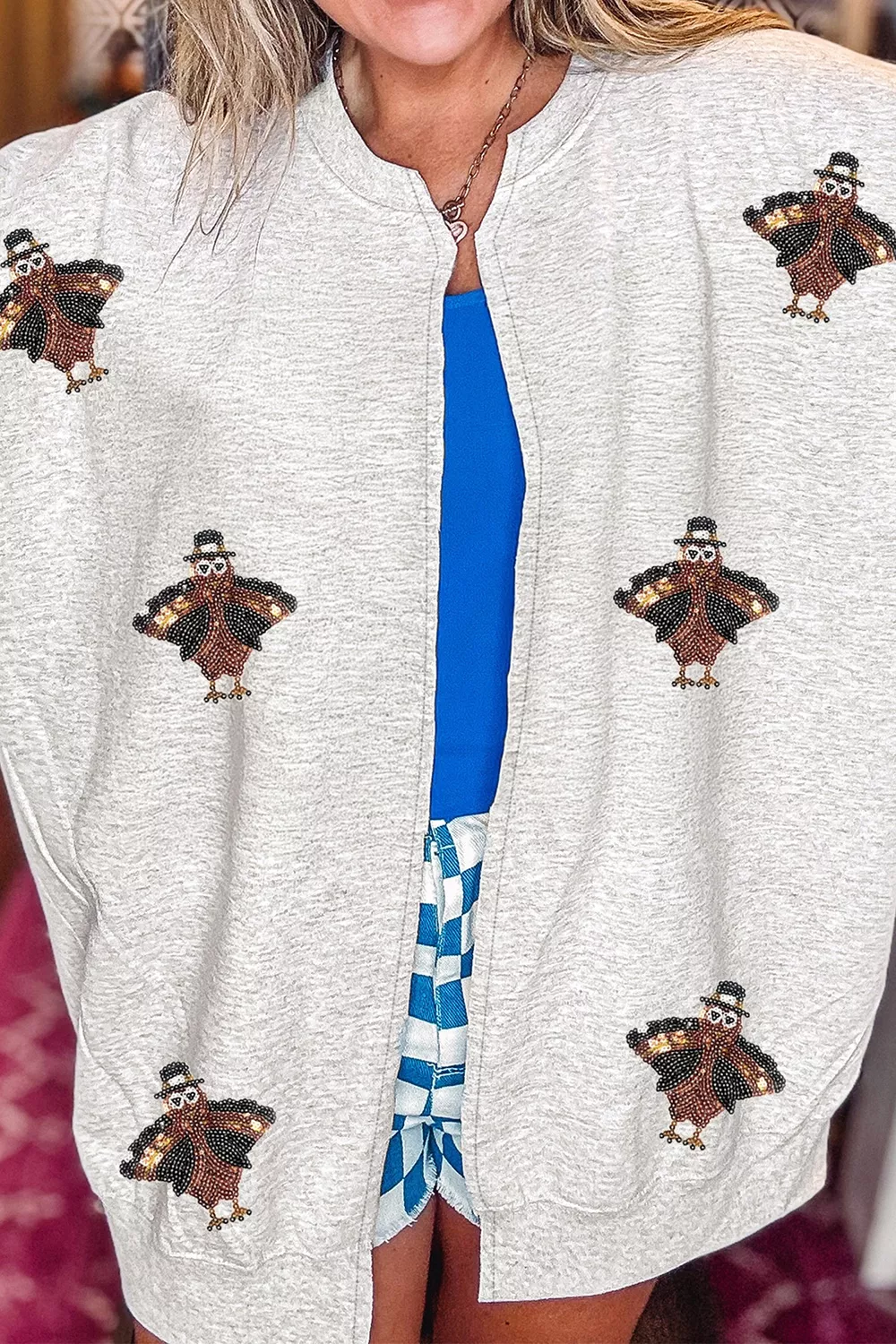 Sequin Turkey Graphic Casual Pocketed Open Front Sweatshirt, image 5