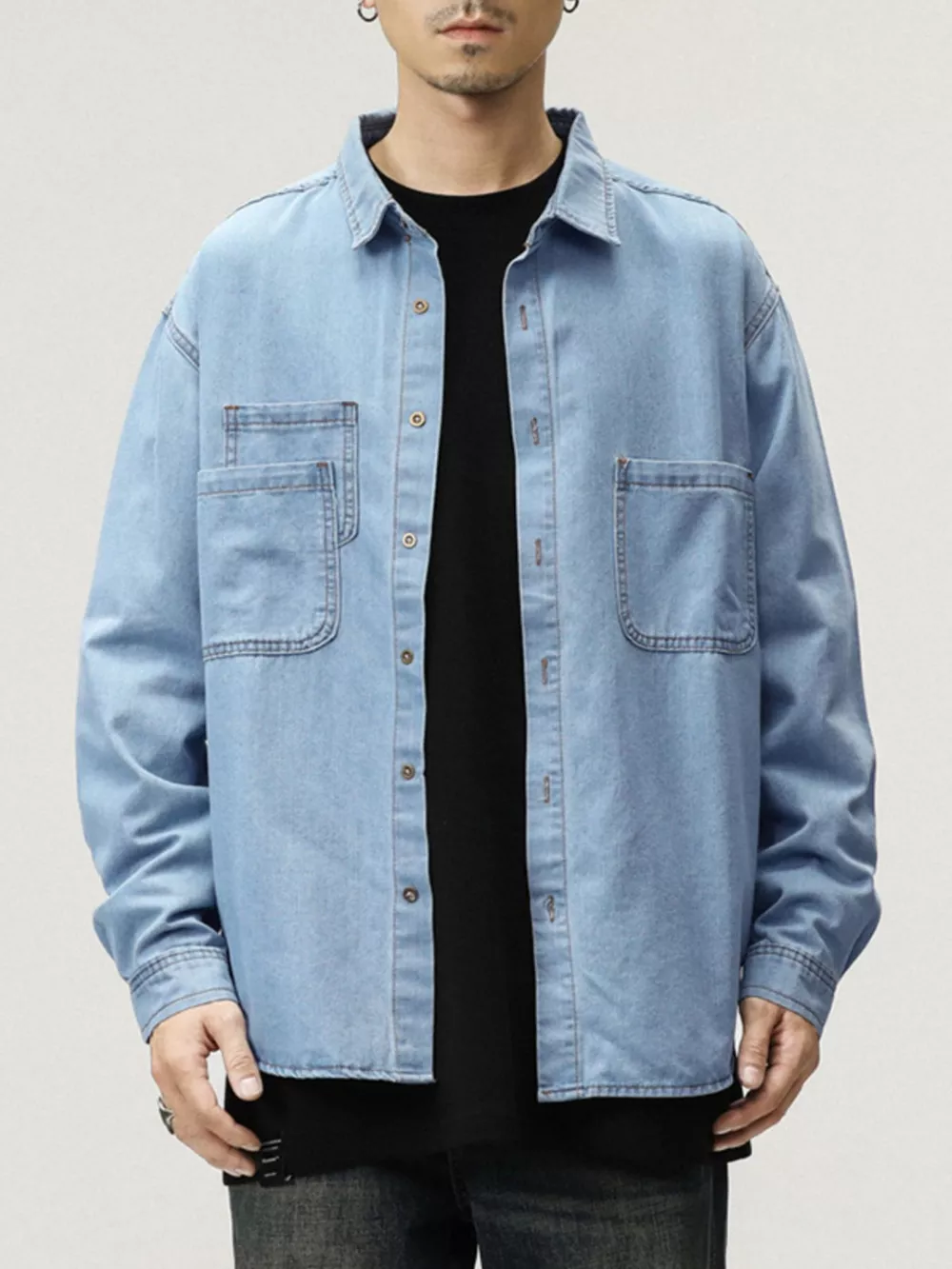 Men's Plus Size Button Up Long Sleeve Denim Shirt, image 6
