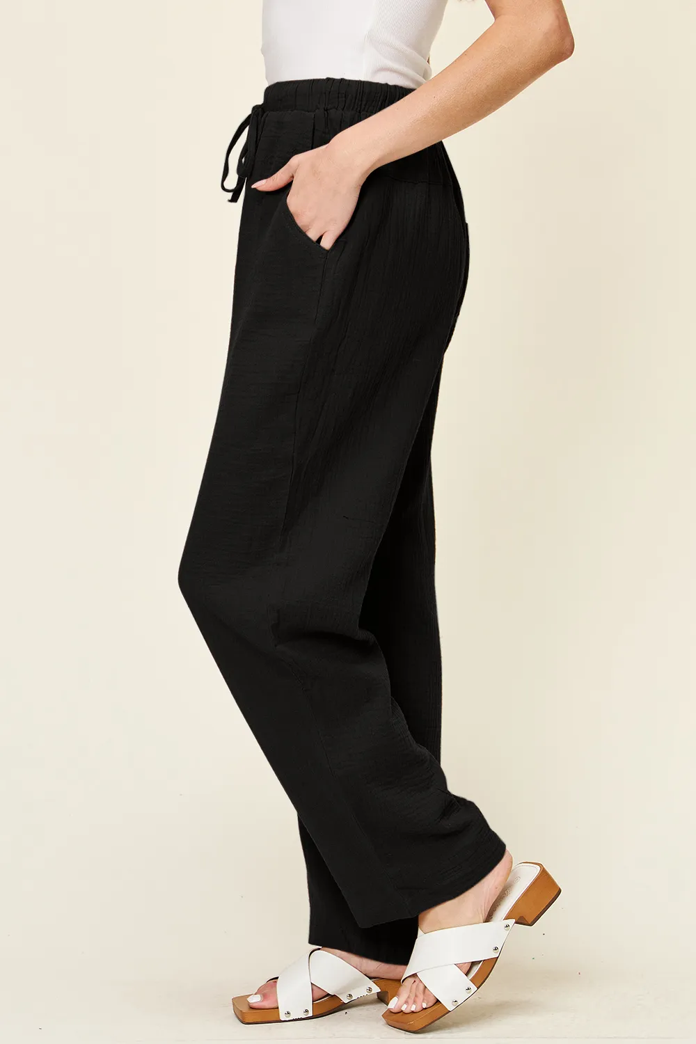 Full Size Texture Drawstring Straight Pants, image 3