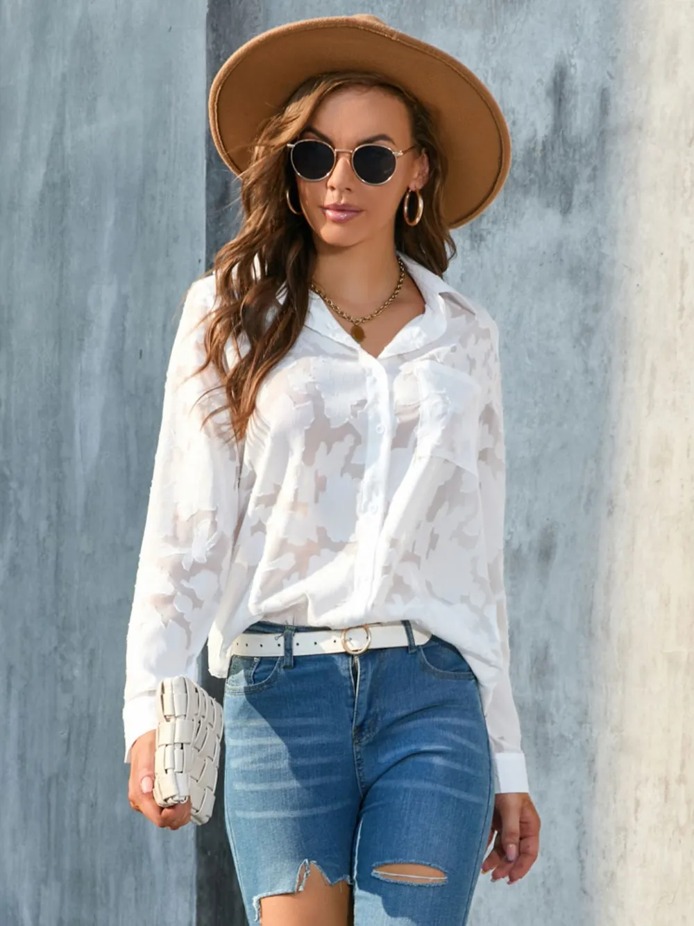 Full Size Collared Neck Long Sleeve Shirt Plus Size, image 5