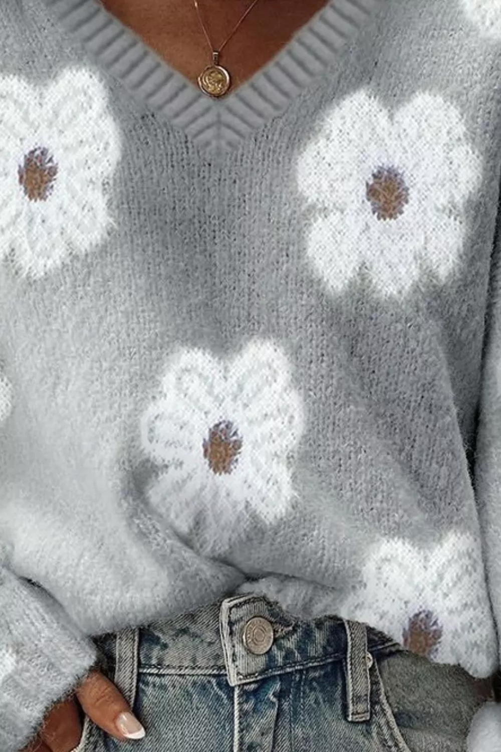 Floral Fuzzy Knit V-Neck Sweater, image 2