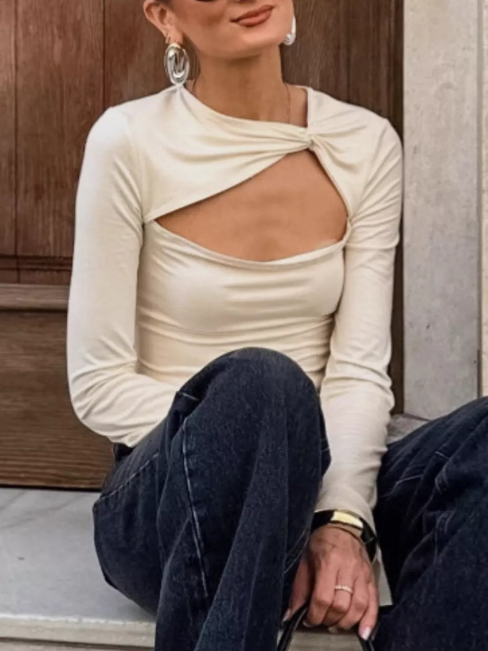 Cutout Knot Front Long Sleeve Top, image 6